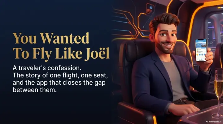 Illustrated traveler seated comfortably in a premium airline cabin while holding the BookLikeJoël app