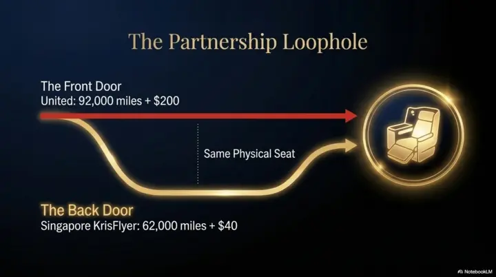 Diagram showing the expensive front door and cheaper partner-program back door to the same airline seat