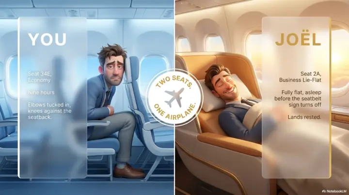Illustrated comparison of a traveler in economy and Joël resting in a lie-flat business-class seat on the same airplane